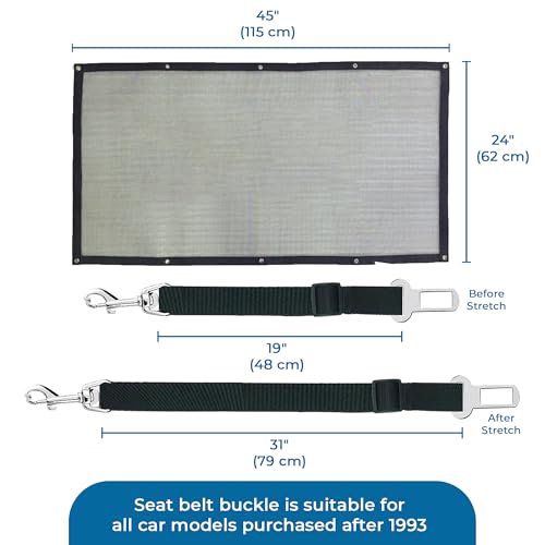 SunGrow Dog Seat Belts with Barrier, 2 Adjustable 28" Nylon Belts, 24" x 45" Micro Mesh Net Divider for Cars, SUVs, and Trucks, 4 Hooks and Luggage Ropes for Assembly, Black, 1 Set per Pack - color: 2 Black Belts+1 Barrier