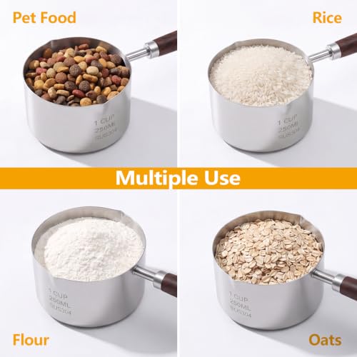 Ondware Dog Cat Food Scoop Measuring Cup, 1 Cup 304 Stainless Steel Pet Food Scoop with Precision Scale Measurements, Wooden Handle, Portion Control for Pets, Dishwasher Safe