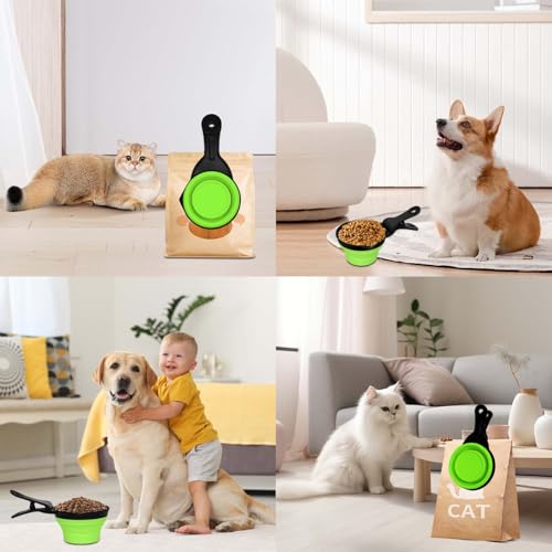 Collapsible Dog Food Scoop Foldable Pet Food Bag Clip 3 in 1 Multi-function Silicone Cat Food Measuring Cup Scoop Dog Food Scooper Pet Food Storage Clip (Green, 1 Cup Capacity(1 Pack)) - color: Green, size: 1 Cup Capacity(1 Pack)