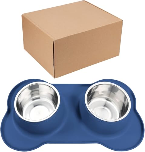 AsFrost Dog Food Bowls Stainless Steel Dog Bowls, Food Water Bowl Set with No Spill Non-Skid Silicone Mat, Dog Dish Double Pet Feeder Bowls for Small Medium Sized Large Dogs Cats Puppy, Blue - color: BLUE, size: 4¾ Cup/38 oz each
