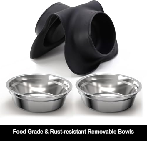 Dog Bowls Stainless Steel Dog Food Water Bowl Set with Stand, Feeding Bowls No Spill Non-Skid Silicone Mat, Dog Dishes for Small Medium Large Size Dog Puppy Pet Food Bowls, Black, 4 Cup - size: Large/38oz each