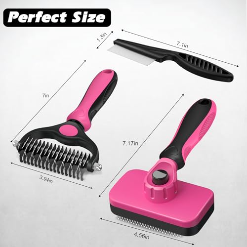 Professional 3PCS Self Cleaning Slicker Brush & Pet Grooming Rake & Flea Comb for Dogs,Cats and Horses | Double-Sided Dematting Comb & Skin Friendly Deshedding Grooming Tool | Pet Supplies (Red) - color: Red