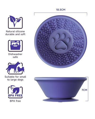 Dog Lick Bowl, Non-Slip Slow Feeder Licking Mat & Treat Dispenser (Wide Bowl Mouth w/Inlaid Stainless Steel Ring) - Interactive Toys, Anxiety Reducer, Freeze Bone for Dogs, BPA Free Silicone - color: purple