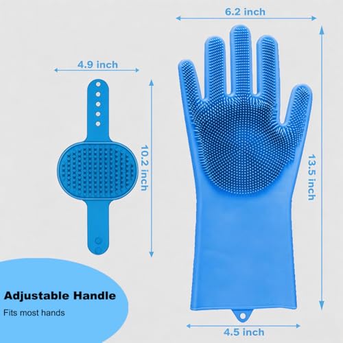 2PCS Dog Washing Gloves and Dog Bath Brush, Pet Shower Mitt with 3000 Soft Rubber Bristles, Adjustable Handle Scrubber for Bath, Massage and Grooming - color: Blue