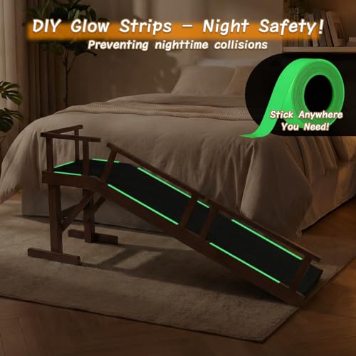 61" Dog Ramp for Bed with Rest Platform & Glow Strips, 20° Gentle Slope, EVA Non-Slip Surface, Removable Safety Rails, Birchwood Solid Wood, for Small, Large & Senior Dogs, Joint Protection, Brown - size: 61"L x 20"H x 15.7"W