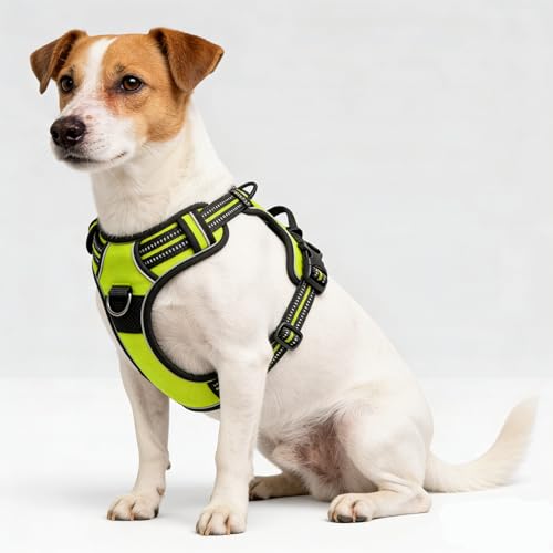 Green No-Pull Dog Harness with 2 Leash Clips,Soft Padded Vest for Medium Dog, Adjustable Reflective Dog Vest Easy to Put on and Take Off, (Neck: 14"~20", Chest: 21"~27", Green M) - color: Green, size: Medium