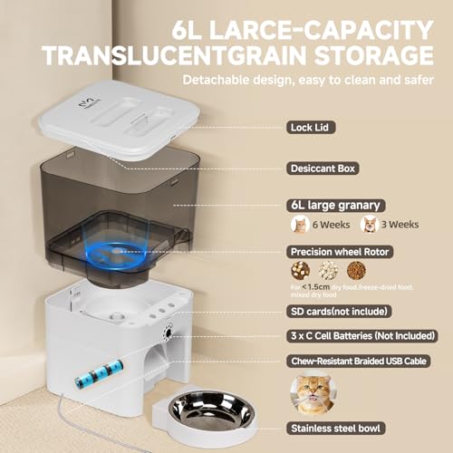 Automatic Cat Feeder with Camera, 6L Cat Food Dispenser, Scheduled Auto Pet Feeder, Smart App Remote Monitoring with Night Vision, 5G/2.4G WiFi, Low Food Alerts,2-Way Audio