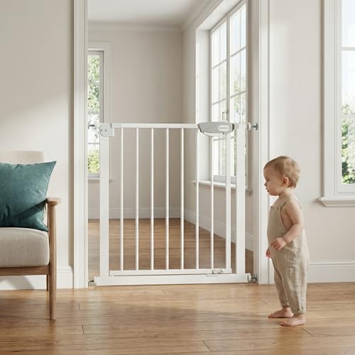 Safety Gate for Stairs & Doorways, Auto-Close Baby Gate or Dog Gate – Pressure Mount No Drilling, 30" Tall All Metal Frame with Dual Locking System (White, 30" Tall 29"-33" Wide) - size: 30"Tall 29"-33" Wide