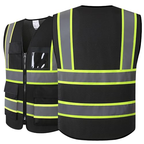 High Visibility Reflection Black Mesh Safety Vests with 8 Pockets and Front Zipper, hi vis safety vest for Men and Women, Meets ANSI/ISEA Standards(Black-07,Large) - color: Black, size: Large