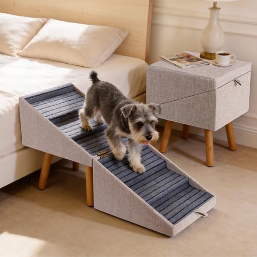 Dog ramp for Small Dogs, 2-in-1 Pet Steps & Ottoman - Foldable Dog ramp for Couch, Non-Slip Wooden Pet ramp for Puppy Senior Injured Dogs (Light Brown, XXL(21.06H)) | Tall 6-step stairs for medium large dogs to high bed Convertible to bedside nightstand.