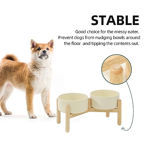 Havniva 6.1inch Ceramic Raised Dog Bowl with Stand, Double Dog Bowls Elevated for Small and Medium Breed Dog Food and Water Bowl Set Non-Slip Dog Dish Large Capacity Feeding Pet Water Bowl - color: 2 Bowls+Stand - Light Yellow, size: 6.1inch