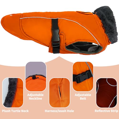 DENTRUN Warm Dog Winter Coat, Easy On Reflective Turtleneck Fleece Jacket | Adjustable buckle, easy on off, windproof & water-repellent, thick fleece snowsuit, outfit fits small to large breeds - color: Orange, size: Large