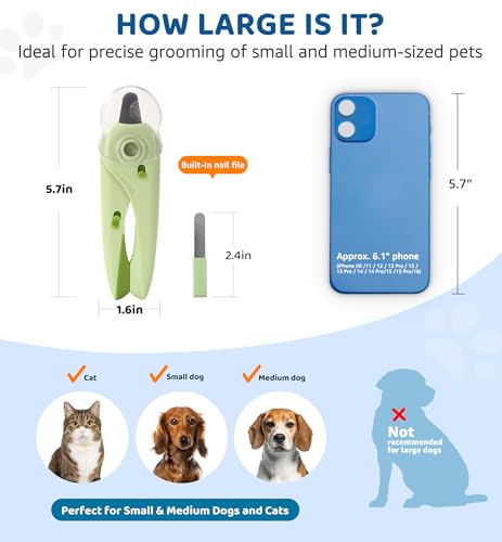 Pet Nail Clipper with Light for Cats & Small Dogs Puppies, Ultra Bright LED to Illuminate Nail Bloodline to Avoid Over Cutting, Extra-Sharp and Durable Cat Claw Trimmer with Nail File (Green) - color: Green