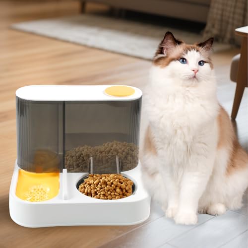 2 in 1 Automatic Cat Feeder and Water Dispenser Combo,All-in-One Dog Food and Water Dispenser Set with Stainless Steel Food Bowl Detachable Gravity Feeder for Cat Kitten Small Dog(Yellow) - color: 【Yellow】
