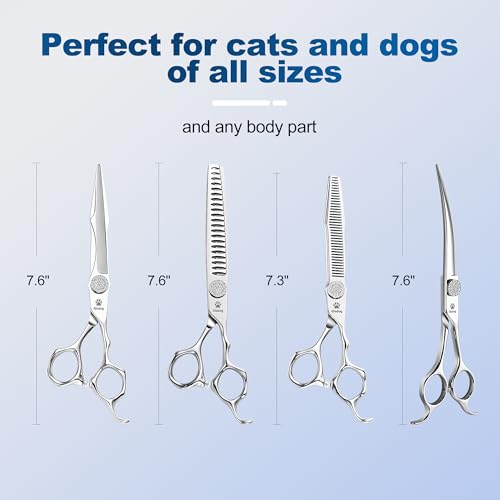 GLADOG Luxury Dog Grooming Scissors Set - 7" Straight, 6.5" Thinning, 7" Chunkers, 7" Curved - 9CR Steel, Silver Luxe, Right Hand, Plastic Handle, 4 Count - style: Premium Set