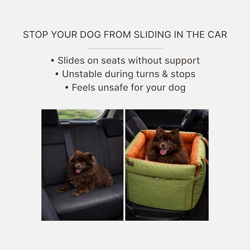 Dog Booster Car Seat for Small Dogs, Stable Non-Slip Design Up to 35 lbs, Water-Resistant PU Travel Carrier with Headrest Straps, Built-in Tether & Storage — Orange/Green
