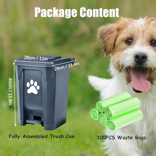 Dog Poop Trash Can for Outdoors, Dog Waste Trash Can for Yard Garden Home with Lid Removable Inner Bin, 100PCS Green Waste Bag, Grey Fully Assembled - color: Grey-Green Bag