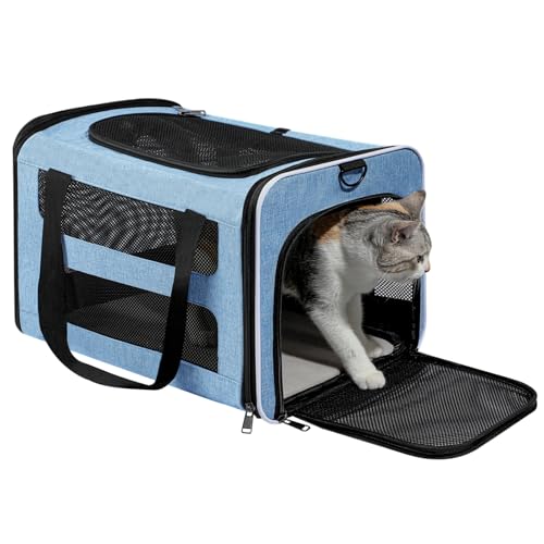 Cat Carrier Soft-Sided Travel Bag for Medium to Large Cats Over 15lbs, Small Dog Carrier Crate Top Entry Breathable Mesh Puppy 12 Pounds, Pet Rabbit Carrying Cage Kennel Collapsible Blue - color: Blue