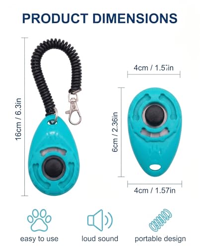 Dog Training Clicker with Coiled Wrist Strap and Metal Clip, Ergonomic Audible Marker for Puppy Obedience, Bone Pattern Design, Durable Plastic, Black and Teal Colors