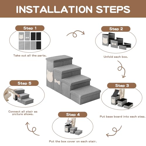 4-Step Wider Dog Steps for Bed 22" H, Foldable Dog Stairs with Storage, Non-Slip Pet Steps for Small Medium Large Dogs, Arthritis-Friendly Pet Stairs for Couch and Car Up to 200 lbs, Grey - size: 4-Step