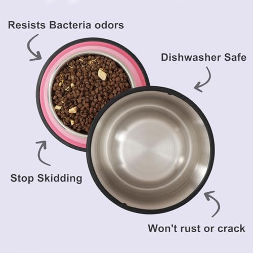 Stainless Steel Dog Bowls, Food and Water Non Slip Anti Skid Stackable Pet Puppy Dishes for Small, Medium and Large Dogs (2 Pack) - color: Pink, size: ¾ Cup/7 oz