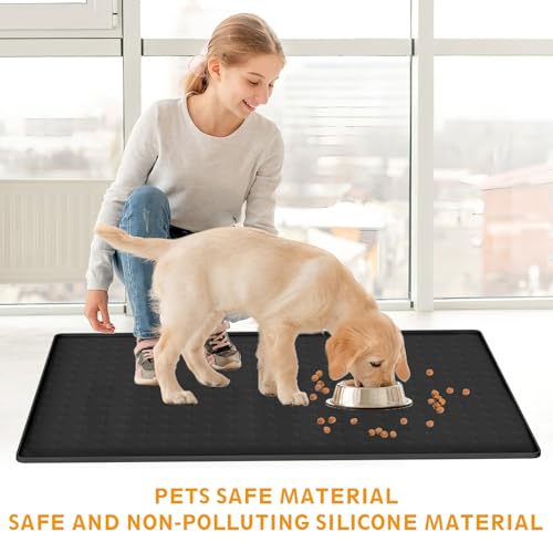 Extra Large Silicone Dog Food Mat 33.9"x21.9" – 0.27" Raised Edge Waterproof Pet Feeding Mat, Non-Slip Placemat for Multiple Bowls, Auto Feeders, Cat Fountains, Dishwasher Safe (Black/Gray) - color: Black