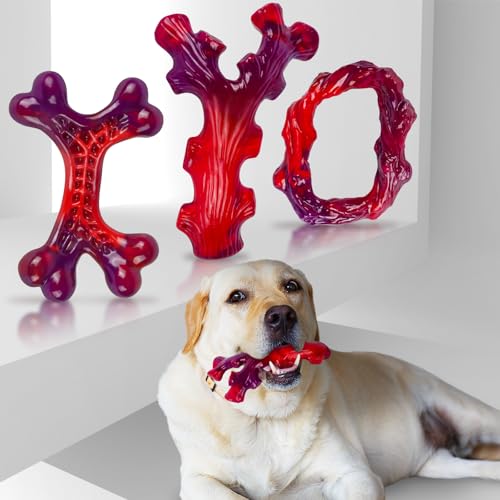 Frienhund 3 Pack Indestructible Dog Chew Bones for Aggressive Chewers - Heavy Duty Long Lasting Chew Toys for Large Dogs, Nylon Teeth Cleaning Toys - color: Red-3-Pack