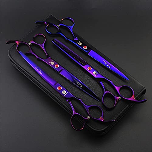 Purple Dragon Professional 7.0 inch 4PCS Pet Grooming Scissors Kit Japan Premium Steel Straight & Curved & Thinning Blade Dog Hair Cutting Shears Set with Case - color: Electroplating Purple