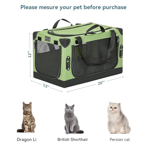 PETSFIT 부드러운 반려견 크레이트, 안전 벨트 부착 버클 및 두꺼운 매트가 있는 강아지 자동차 크레이트, 특허받은 조절 가능한 튼튼한 프레임, 휴대용 및 접이식 고양이 크레이트 강아지 캐리어 켄넬, 그린 50.8cm(20인치)