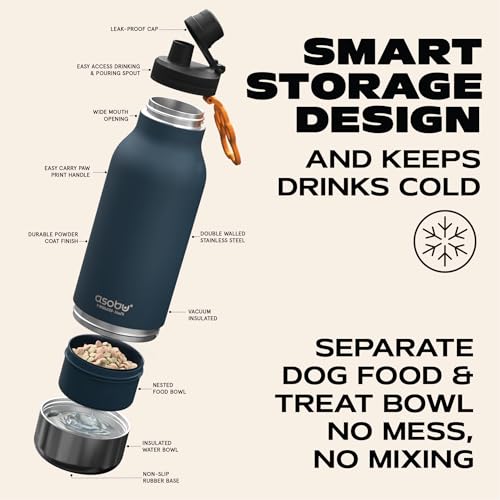 asobu Dog Barky Bottle – Insulated Stainless Steel Water Bottle with 2 Removable Dog Bowls for Food, Treats & Water – Pet-Friendly Travel Bottle for Hiking, Road Trips & Outdoor Adventures - color: Blue