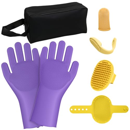7PCS Pet Grooming Kit for Dogs and Cats | Dog Bath Brush | Washing Gloves | Cleanroom Gloves | Dog Shampoo Brush | Finger Toothbrushes | Storage Bag | All-in-One Pet Care (Purple) - color: Lavender Purple