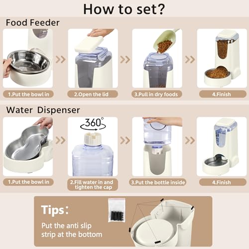 2 Pack Automatic Cat Feeder and Stainless Steel Water Dispenser, Gravity Dog Waterer Set Food Feeder and Waterer Set for Small Medium Kitten Puppy Pets (1 Gallon x 2, Ivory White) - color: 1 Gallon x 2 - Ivory White