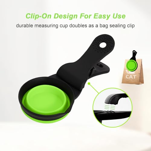 Collapsible Dog Food Scoop Foldable Pet Food Bag Clip 3 in 1 Multi-function Silicone Cat Food Measuring Cup Scoop Dog Food Scooper Pet Food Storage Clip (Green, 1/2 Cup Capacity(1 Pack)) - color: Green, size: 1/2 Cup Capacity(1 Pack)