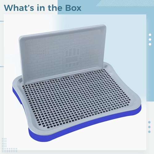 Dog Toilet with Wall, 20.1 x 15.6 in Puppy Potty Training Pad Holder, ABS Indoor Potty Tray with Removable Post, Quick Drain Grate, for Small Medium Dogs, Blue Gray