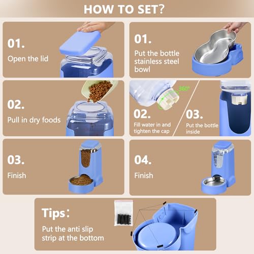 HWONMTE Portable Automatic Cat Feeder and Water Dispenser with Stainless Steel Bowl Dog Gravity Food Feeder and Waterer for Small Medium Pets Puppy Kitten 1 Gallon x 2 (Sapphire Blue) - color: Sapphire Blue