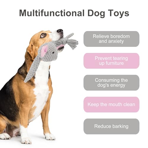 Dog Toys, Dog Squeaker Toys with Crinkle Paper, Stuffed Animal Dog Plush Chewing Toy, Cotton Rope Interactive Toys for Puppy, Small, Middle Dogs (Gray Rabbit) - color: Grey