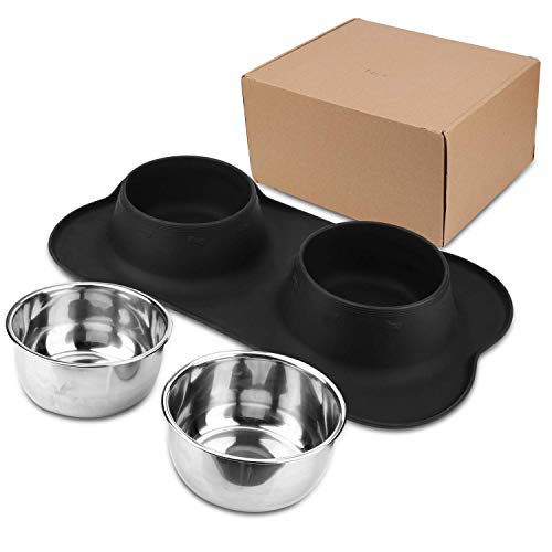 AsFrost Dog Food Bowls Stainless Steel Pet Bowls & Dog Water Bowls No Spill Non Skid, Feeding Bowls with Dog Bowls Silicone Mat for Small Medium Large Size Dogs, Cat Pet Dog Dishes Set, Black, 3 Cup - color: Black, size: 3 Cup/27 oz each