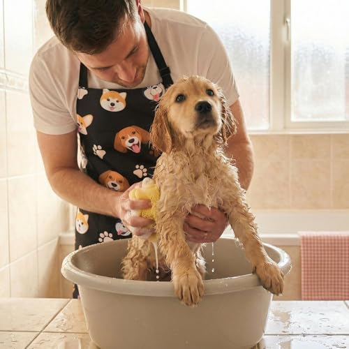 Dog Grooming Waterproof Apron with 2 Pockets, Cute Animals Puppy Dog Pets Apron - style: Happy Dog