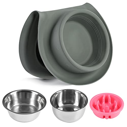 100% Waterproof BPA Free Pet Dog Bowls2 Stainless Steel(53oz+27oz) with 1.35“ Raised Edge Silicone Mat + Slow Feed Dog Water and Food Bowls for Feeding Small Large Dogs Cats Puppies (Gray) - color: Gray