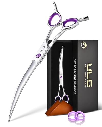 ULG 30° Curved Dog Grooming Scissors 440C Stainless Steel, 7.5" Professional Pet Grooming Shears with Reversible Butterfly Handles, Dog Scissors for Grooming Face, Eyes, Paws & Body - size: 7.5" Curved (440C)