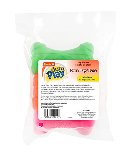 Hartz DuraPlay Bone Squeaky Latex Dog Toy for Medium Breeds, 3 Pack