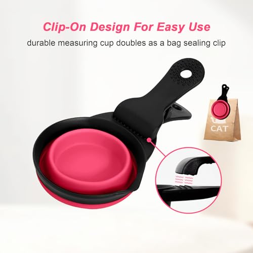 Collapsible Dog Food Scoop Foldable Pet Food Bag Clip 3 in 1 Multi-function Silicone Cat Food Measuring Cup Scoop Dog Food Scooper Pet Food Storage Clip (Rose Red, 1 Cup Capacity(1 Pack)) - color: Rose Red, size: 1 Cup Capacity(1 Pack)