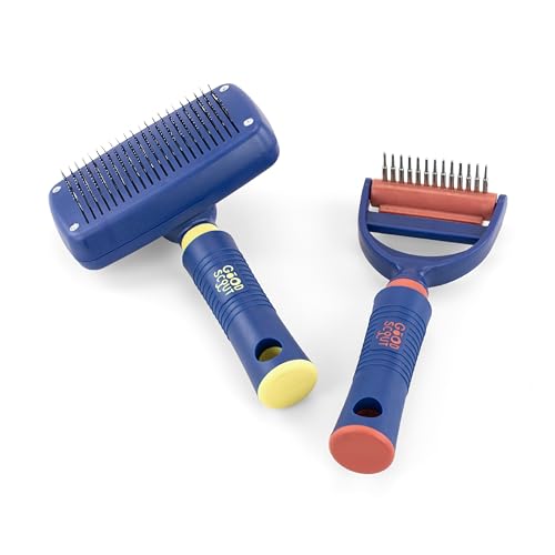 Good Scout 2-Piece Deshedding Tool Set with Self-Cleaning Slicker Brush & Dual-Head for Dogs & Cats, Gentle, Safe & Effective Grooming Tool for Short or Long Haired Animals - style: Slicker Brush & Comb