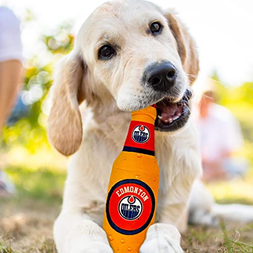 Pets First NHL Edmonton Oilers Beer Bottle Plush Dog & Cat Toy- Cutest Stadium SODA Bottle Snack Plush Toy for Dogs & Cats with Inner Squeaker & Beautiful Hockey Team/Logo - color: Edmonton Oilers, style: NHL Beer Bottle Toy