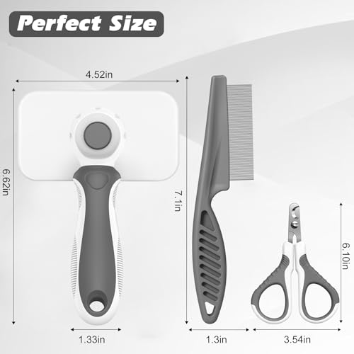 3PCS Cat Grooming Supplies, Cat Brush & Nail Clipper/Trimmer & Flea Comb for Shedding Indoor Cats Essentials Stuff Accessories (Grey) - color: Grey