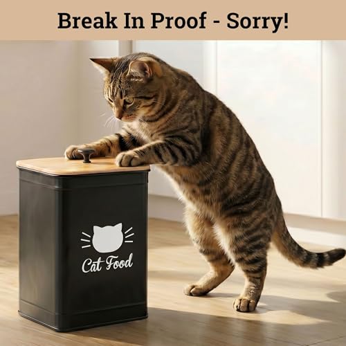 Cat Food Storage Container with Scoop - 5-7 lb (25 Cup) Capacity Metal Cat Food Container with Airtight Bamboo Lid and Metal Scoop - Airtight Pet Food Storage Containers 5 lb - 7 lb Kibble Container - color: Black