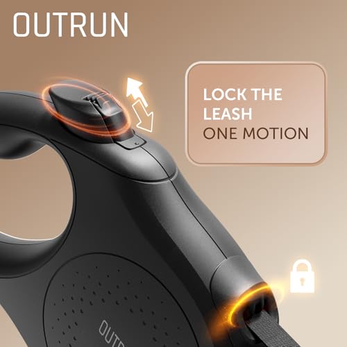 OUTRUN Retractable Dog Leash 26 FT Walking Leash up to 110 lb, Strong Nylon Tape No Tangle, Heavy Duty One-Handed Brake Lock, Black