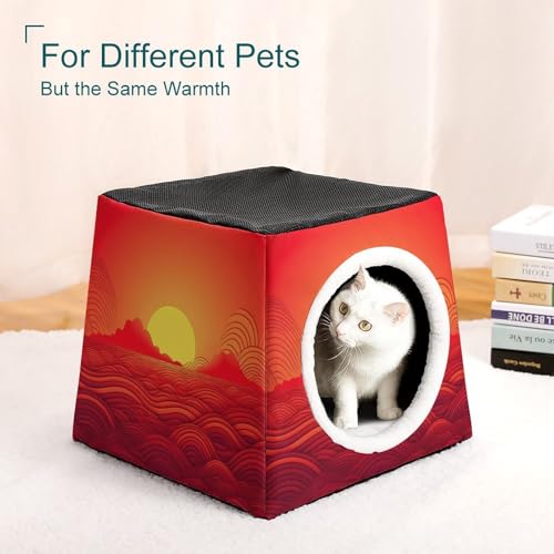 Collapsible Soft Dog Crate Pet Kennel Houses Red Sunrise Printed Lightweight Travel Crate Kennel Indoor & Outdoor, 13.8"x13.8"x11.8"