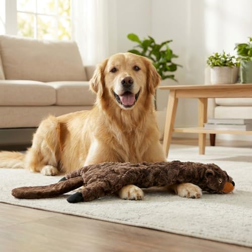 24” Stuffing-Free Dog Toy – Plush Beaver with 2 Squeakers & Crinkle Paper, Flat Body Quilted Design for Interactive Play, Medium & Large Dogs - color: Brown