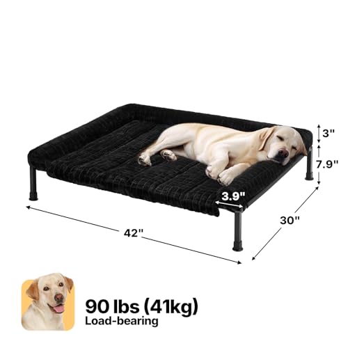 Veehoo Elevated Dog Bed Large Sized with Fluffy Plush Bolster Cushion, Washable Orthopedic Dog Couch Bed, Cooling Raised Pet Cot with Removable Mat, Breathable Mesh, No-Slip Feet, 42x 30 inches, Black - color: Black, size: 42"L x 30"W x 7.9"Th